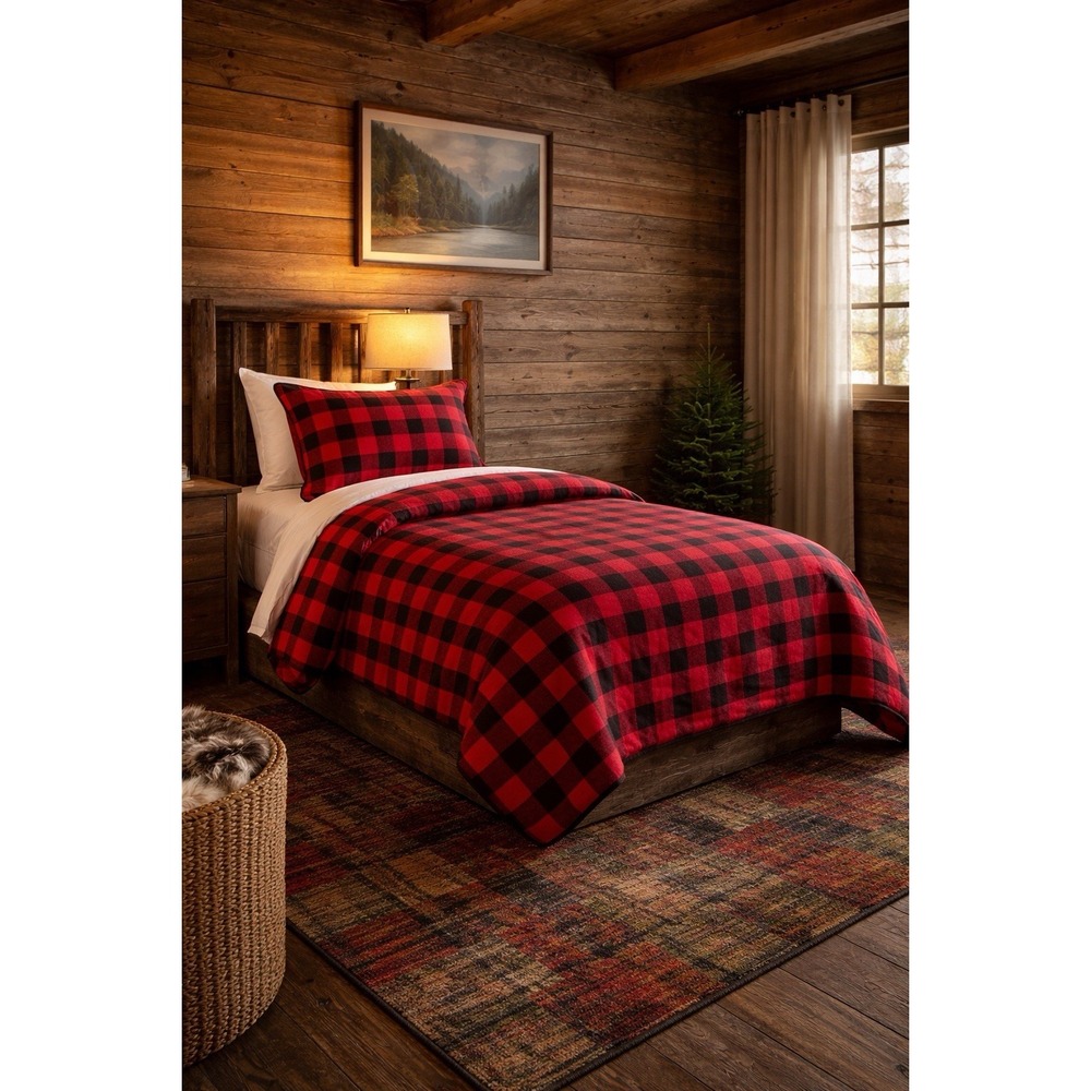Twin Quilt Set Red Black Buffalo Plaid Coverlet with Sham‎ Cabin Lodge Bedding